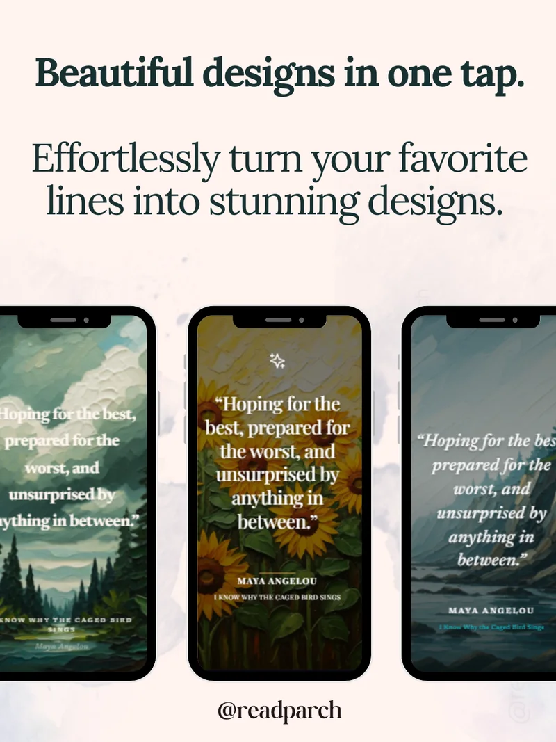 Parch app turning a book quote into three different designed share cards