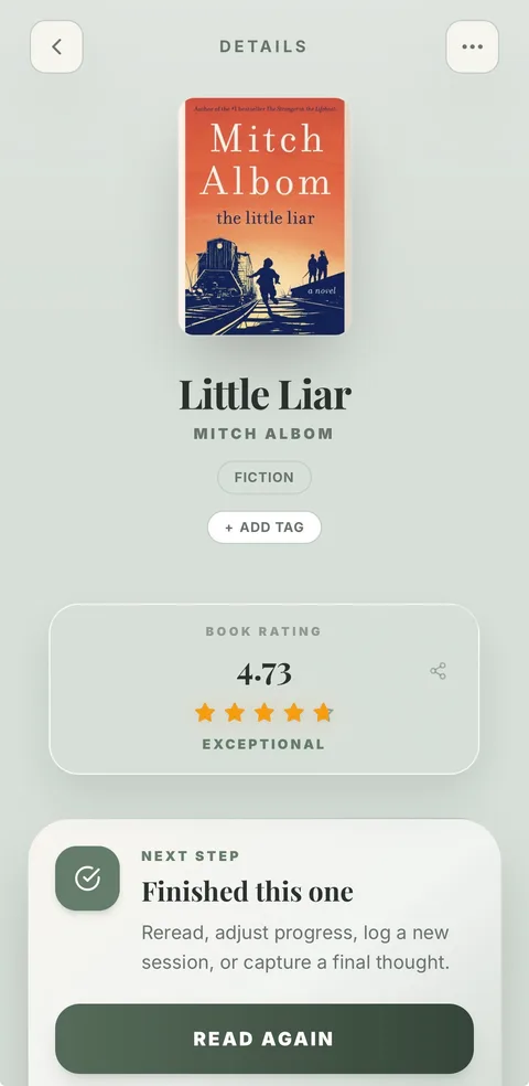 Parch app book detail screen showing a 4.73 star rating: ratings to two decimal places, not just whole stars