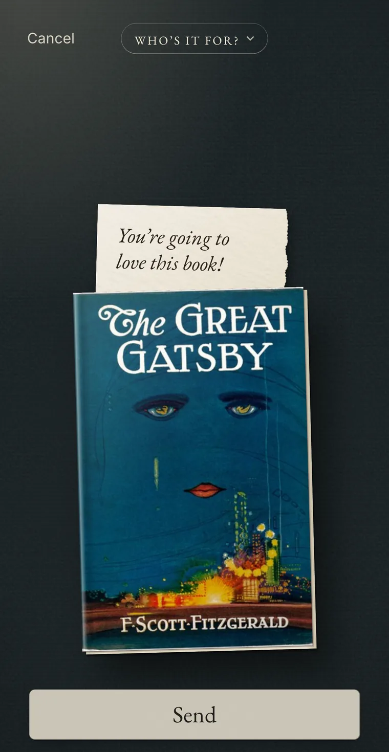 Sending The Great Gatsby to a friend from Parch, with a note: You're going to love this book!